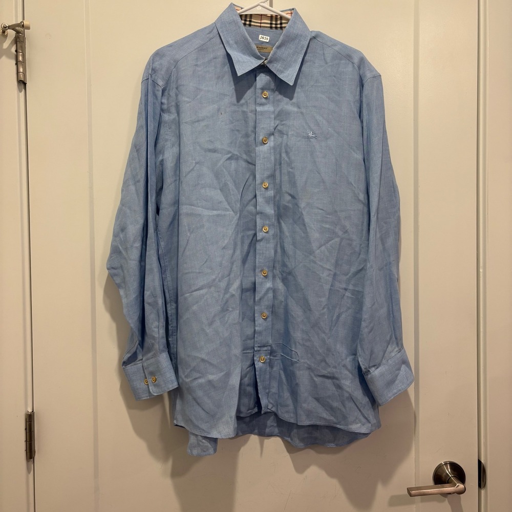 Burberry London Mens Blue Linen Blend Nova Check Long Sleeve Button Down Shirt L